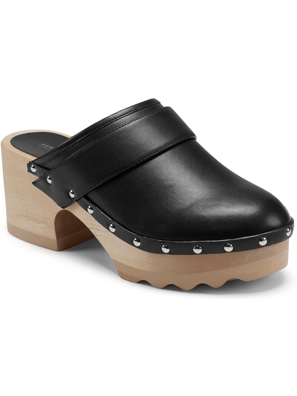 Aerosoles Pedro Black Leather Studded Wooden Clog Mule Women's Size 9.5